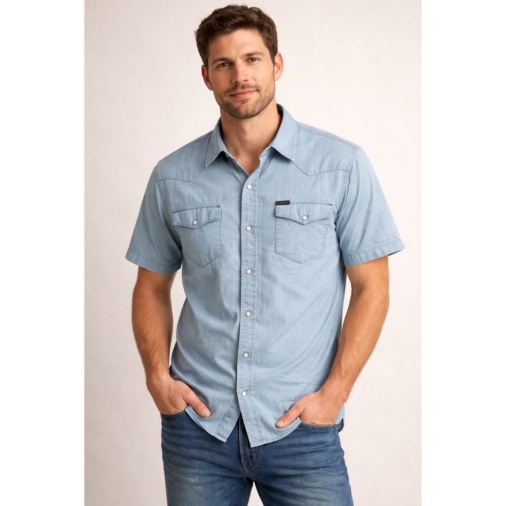 Southern Thread Chambray Blue Denim Short Sleeve Western Pearl Snap Shirt‎ L